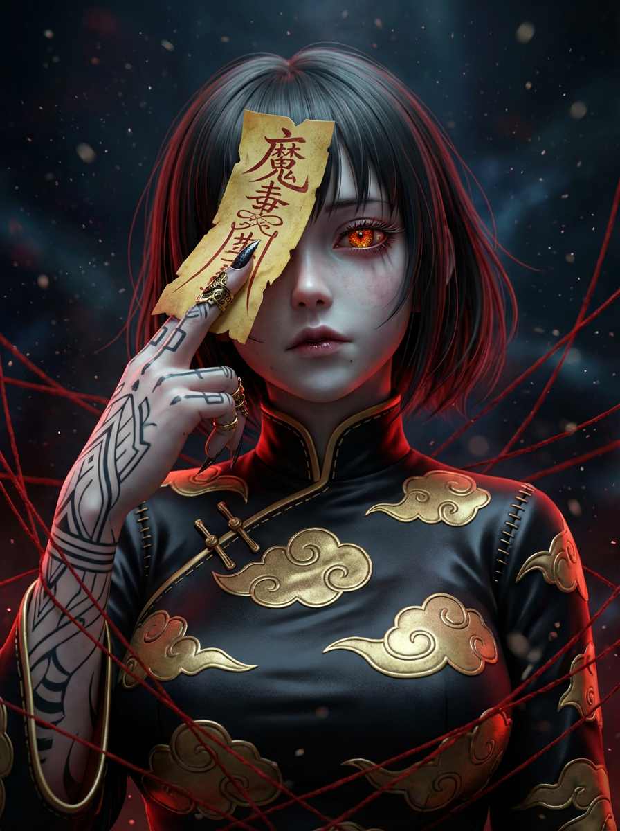 AI generated image using NANO_BANANA_PRO: Subject: A Japanese anime-style yandere girl, with gold and red compound eyes em...