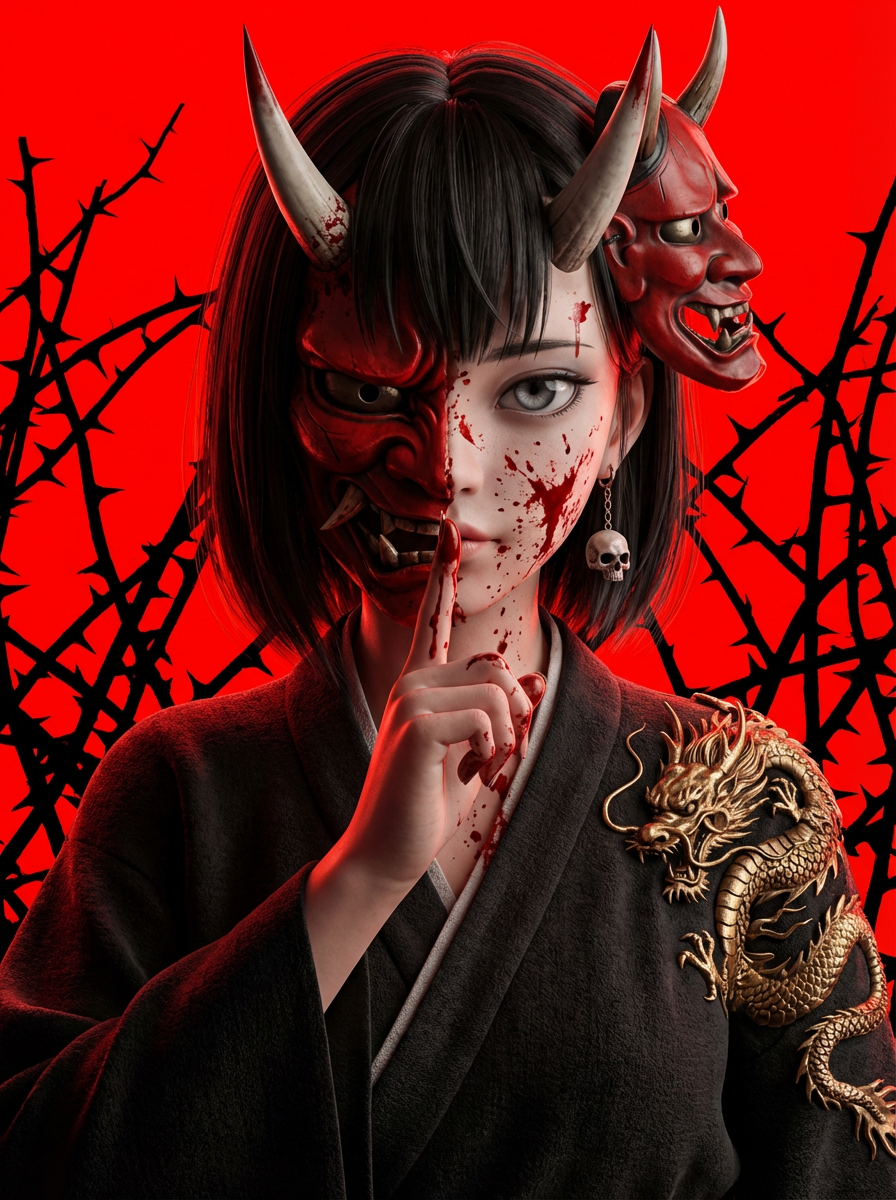 AI generated image using NANO_BANANA_PRO: Subject: Japanese anime-style girl with a symbiotic red Hannya face, single cold...