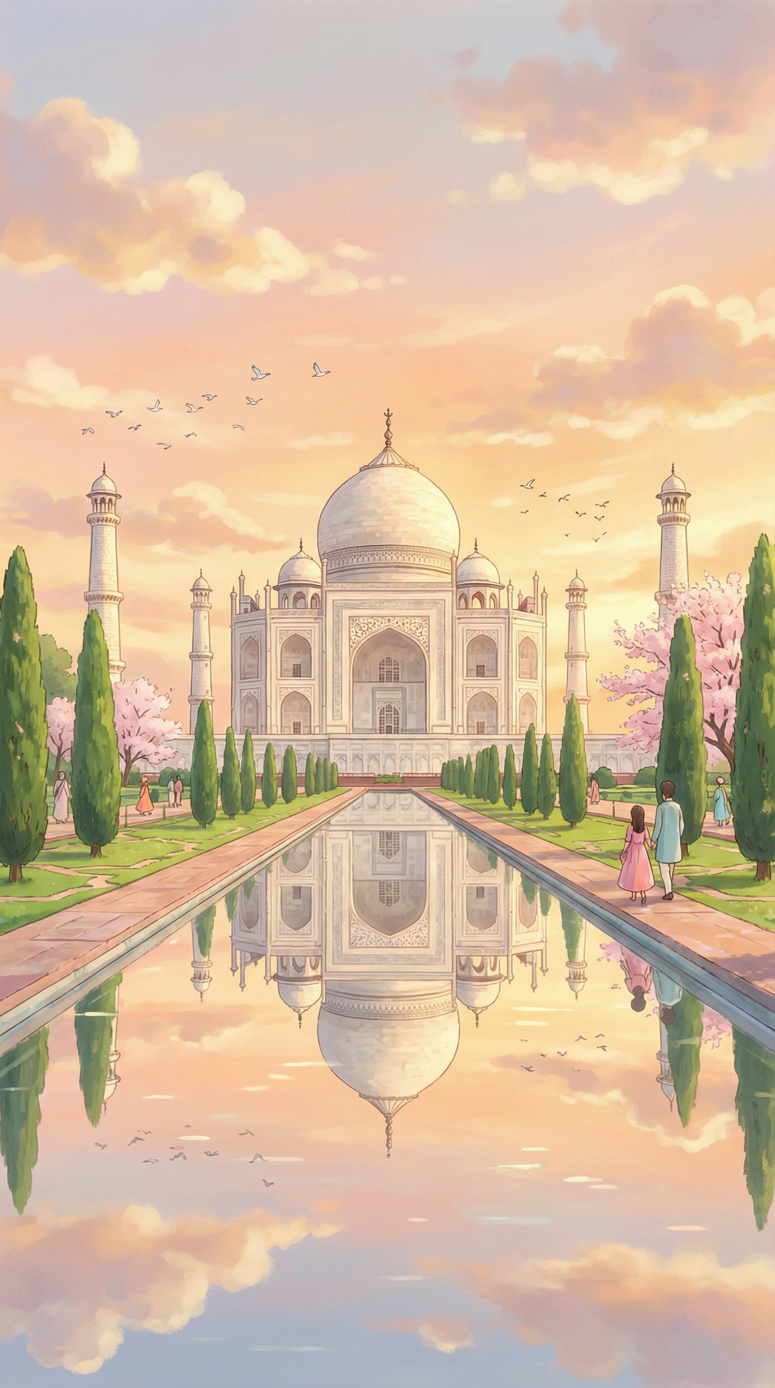 AI generated image using NANO_BANANA_PRO: A Studio Ghibli–inspired illustration of a majestic white marble palace at sunse...