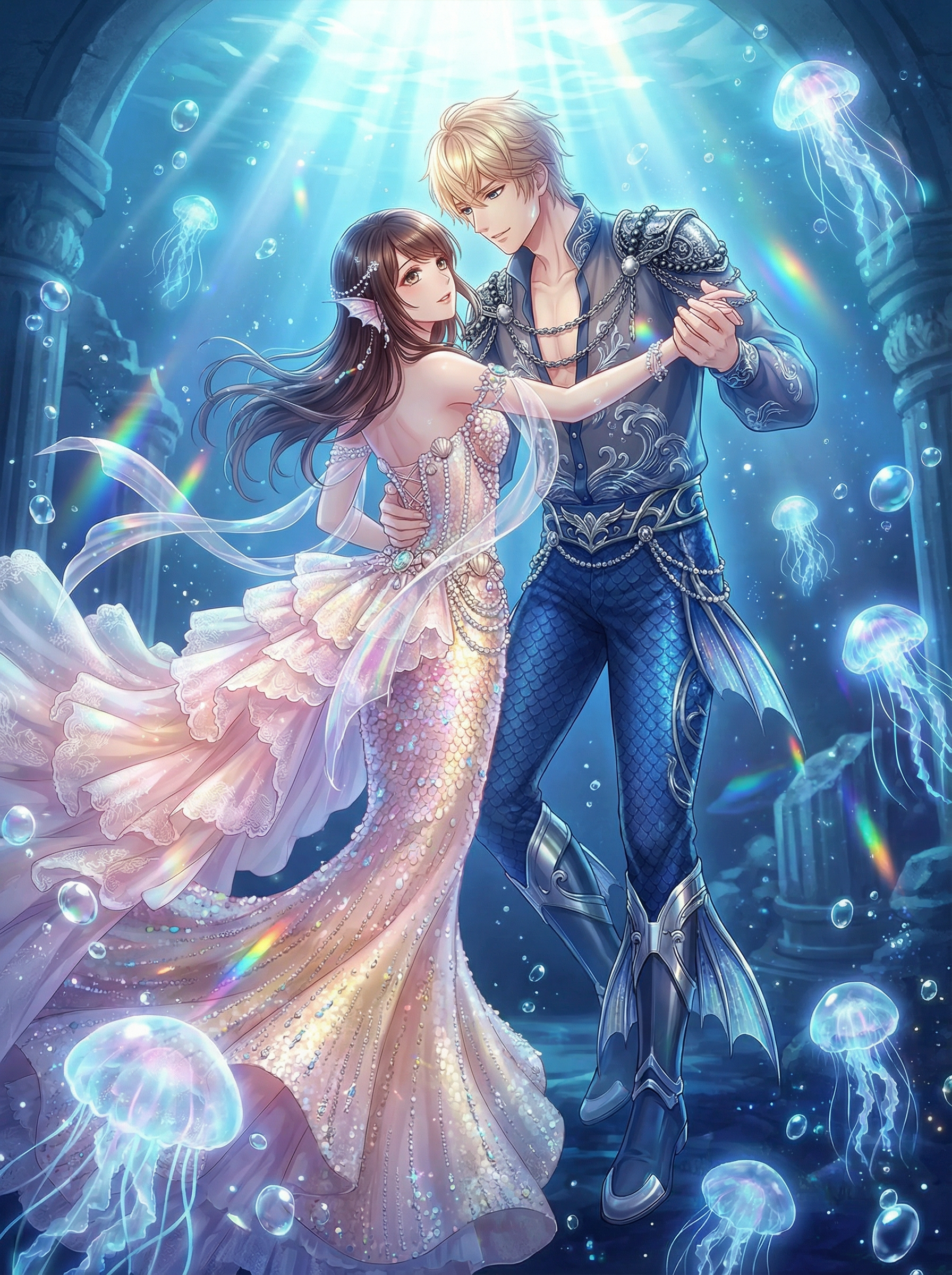 AI generated image using NANO_BANANA_PRO: Otome game CG illustration, extremely gorgeous and luxurious. A couple dancing u...
