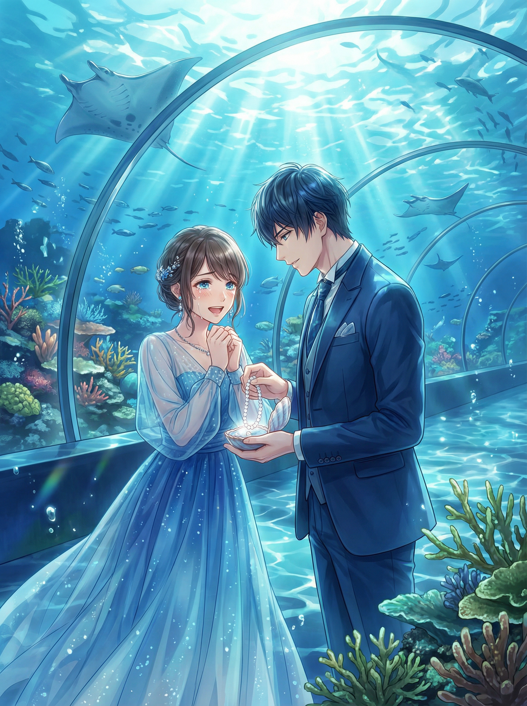 AI generated image using NANO_BANANA_PRO: Otome game CG illustration, exquisitely beautiful, inside a massive underwater g...