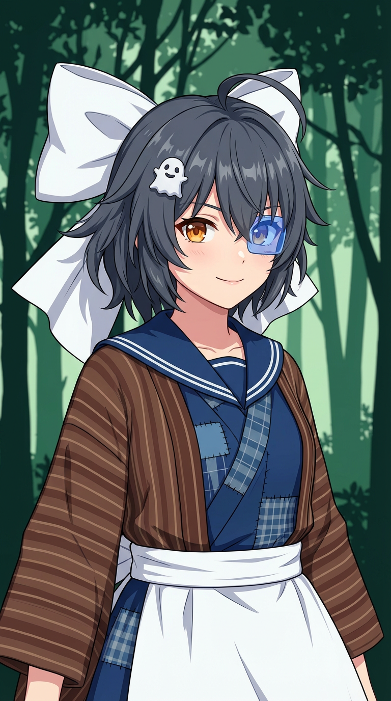 AI generated image using NANO_BANANA_PRO: Subject: A girl with messy dark gray hair and lively amber irises, her confident...