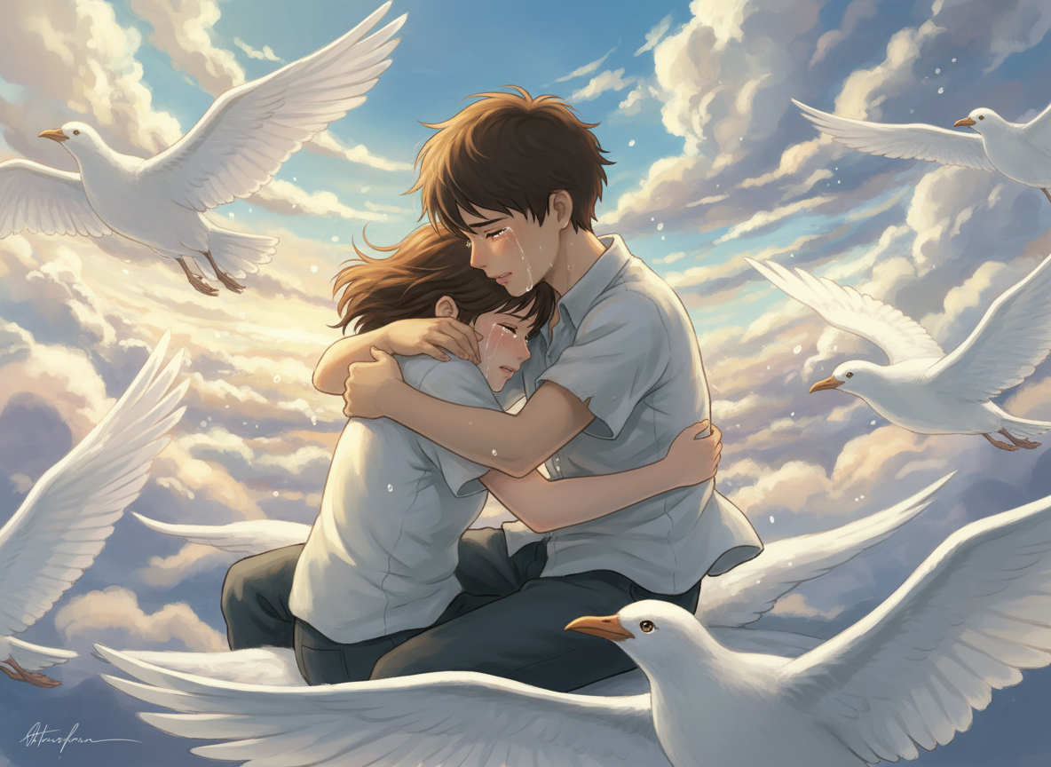 AI generated image using NANO_BANANA: 吉卜力工作室风格的动画插画，天空中特写的电影镜头，年轻男子和女子终于在空中漂浮的众多白鸟之上触碰到彼此，两人紧紧拥抱并哭泣，脸颊紧贴着肩膀，泪水轻轻滑落，表情充...