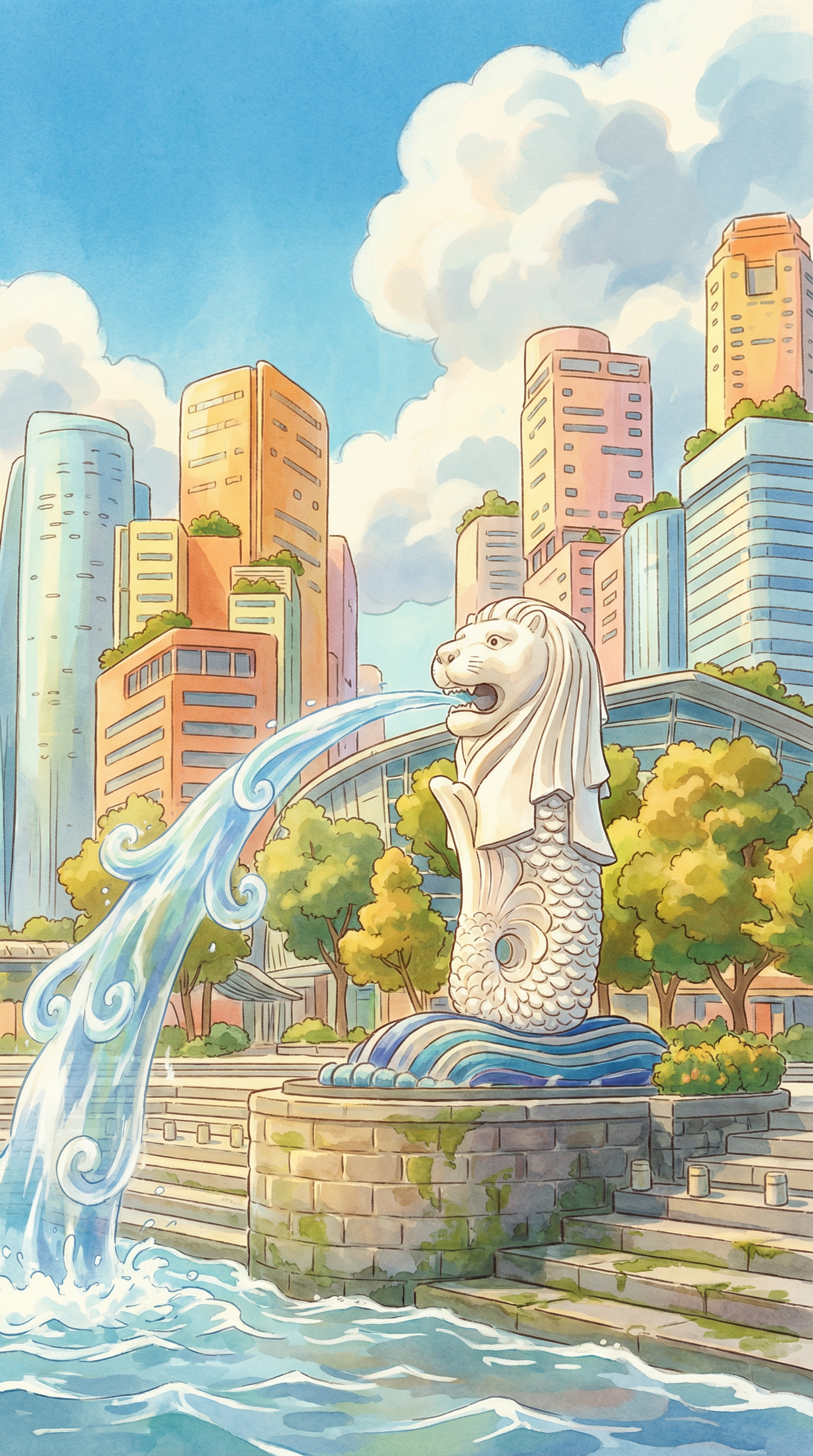 AI generated image using NANO_BANANA_PRO: A Studio Ghibli–inspired illustration of a majestic white lion fountain statue s...