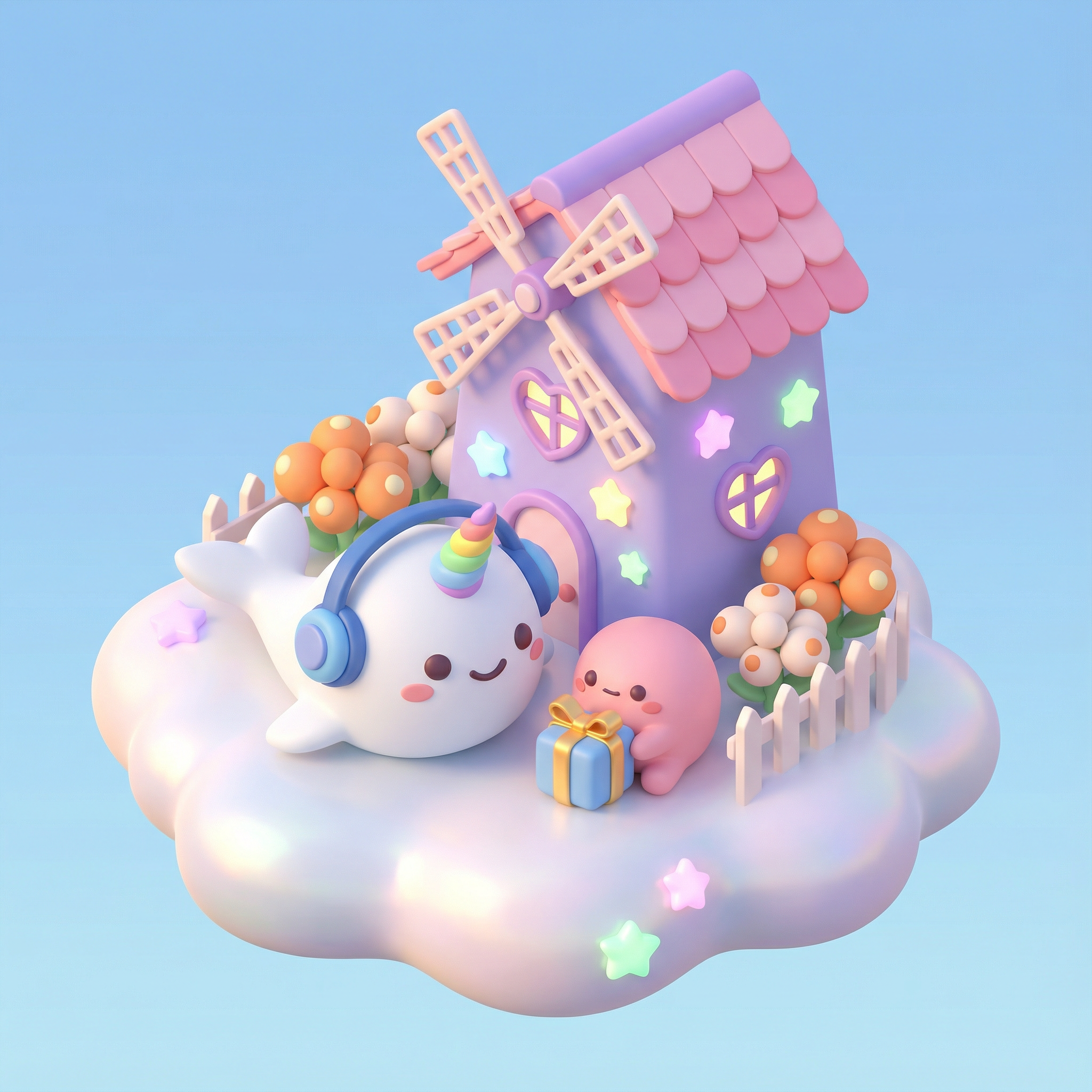 AI generated image using NANO_BANANA_PRO: Subject: A jubilant white narwhal with a rainbow unicorn horn and blue headphone...