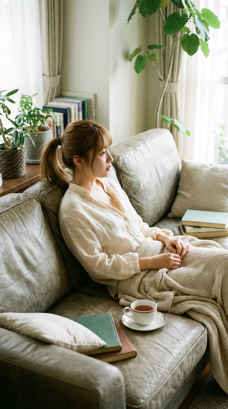 AI generated image using NANO_BANANA_PRO: A 25-year-old Japanese woman with brown hair in a ponytail, wearing only a singl...