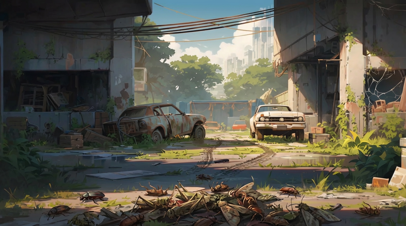 AI generated image using NANO_BANANA_PRO: The scene is a pile of insect corpses, with ruins of bungalows in the distant ba...