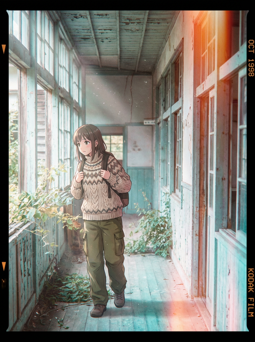 AI generated image using NANO_BANANA_PRO: Expired Kodak film aesthetic, color shift to cyan and magenta, anime explorer gi...