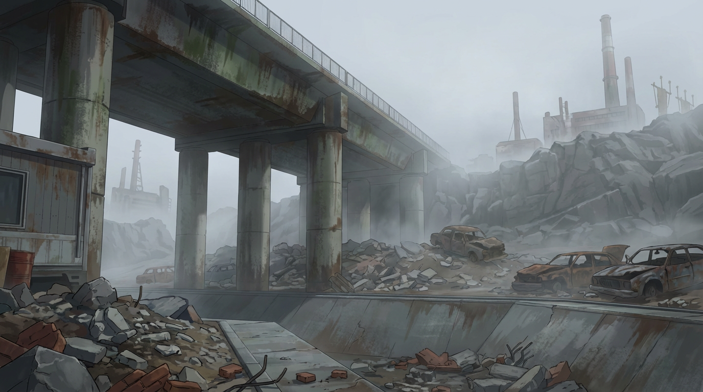 AI generated image using NANO_BANANA_PRO: Industrial small city, filled with mist, ground covered in construction debris a...