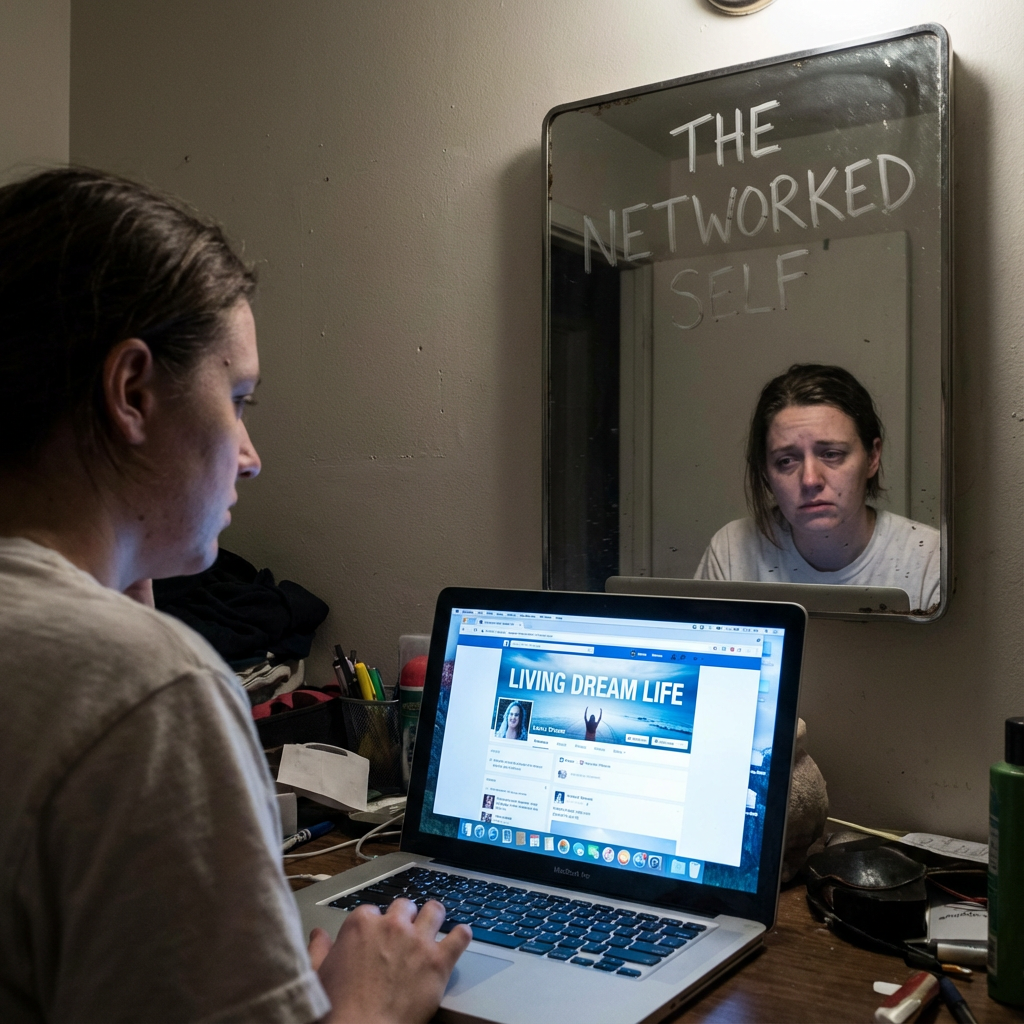 AI generated image using NANO_BANANA_PRO: A person looking at their unrealistically perfect online profile, while their tr...