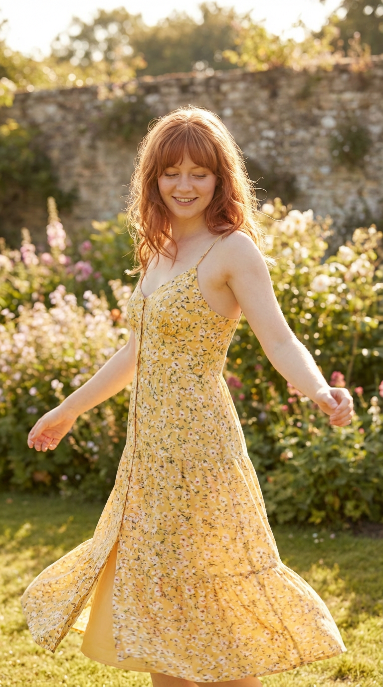 AI generated image using NANO_BANANA_PRO: “A full-body young woman with red hair and bangs wearing a yellow sundress dance...