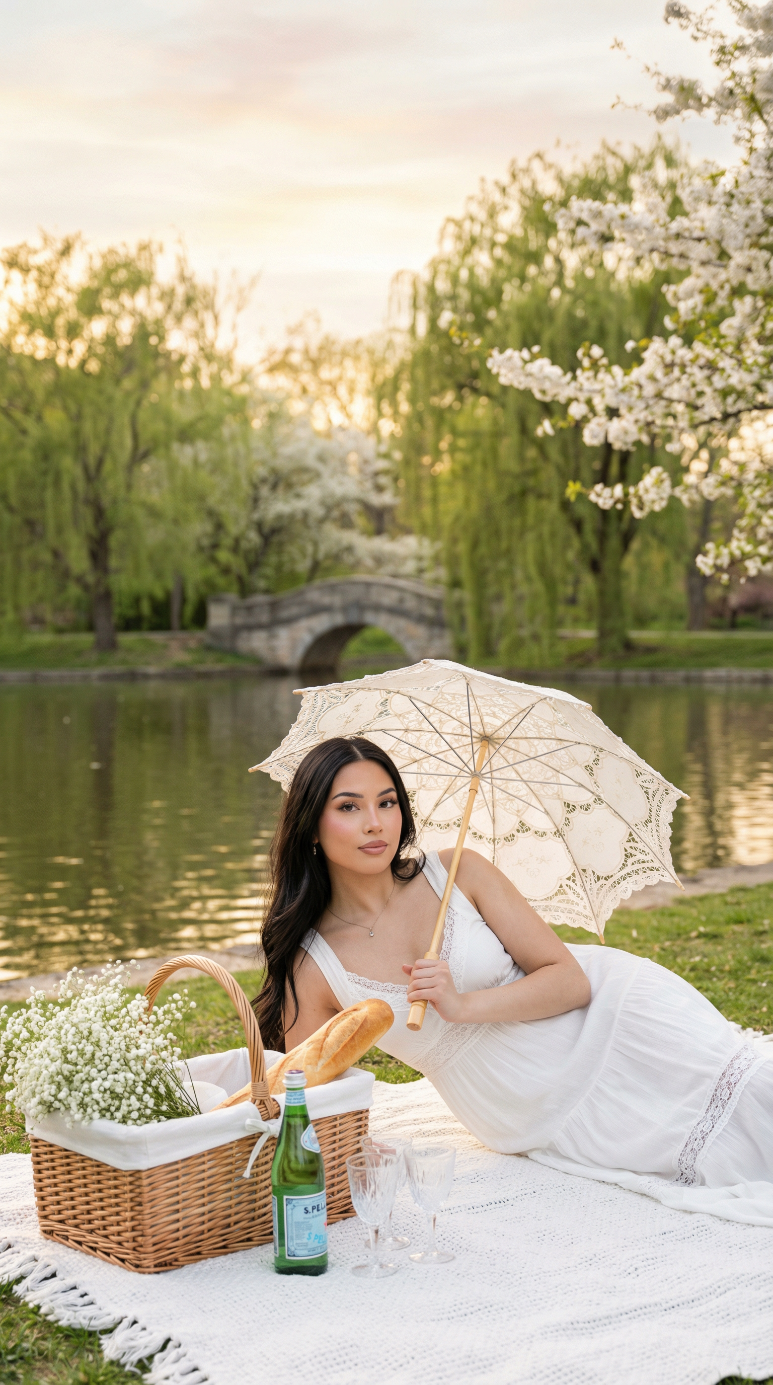 AI generated image using NANO_BANANA_PRO: A cinematic spring picnic scene by a calm park lake at golden hour. A young woma...