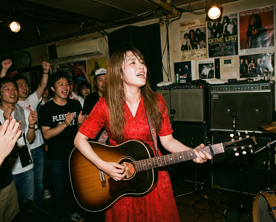 AI generated image using NANO_BANANA_PRO: A long-haired Japanese woman in a red dress singing with a Gibson acoustic guita...