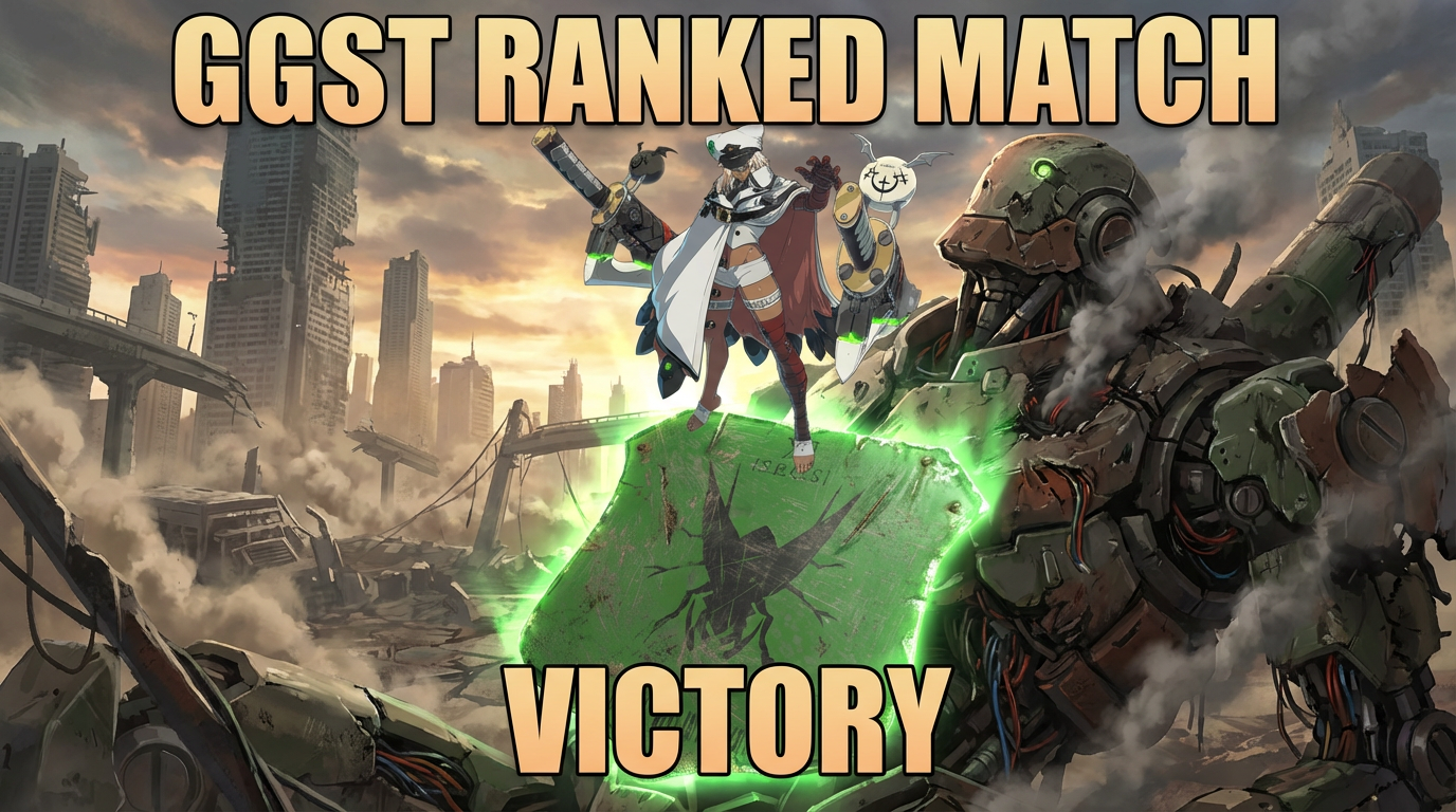 AI generated image using NANO_BANANA_PRO: For GGST rank match streaming. Against the backdrop of a ruined futuristic city,...