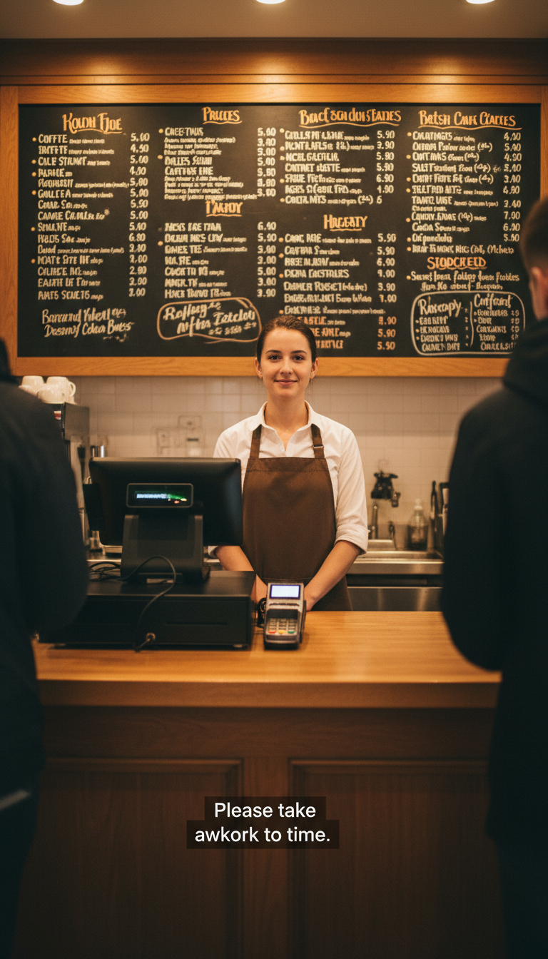 AI generated image using NANO_BANANA: First-person perspective (POV) standing in front of a cafe counter. The viewpoin...