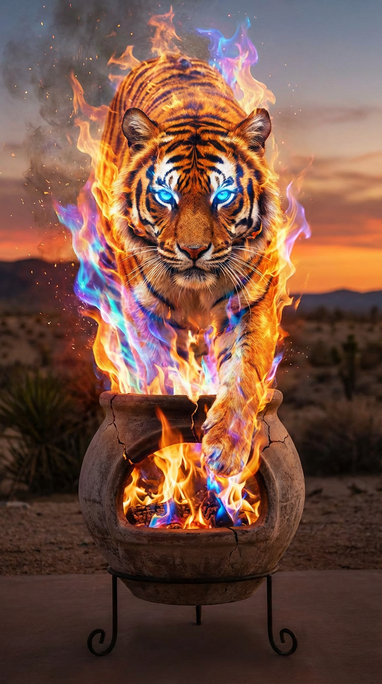 AI generated image using NANO_BANANA_PRO: vividly colored fireplace in flames, a large tiger emerges with an empowered gaz...