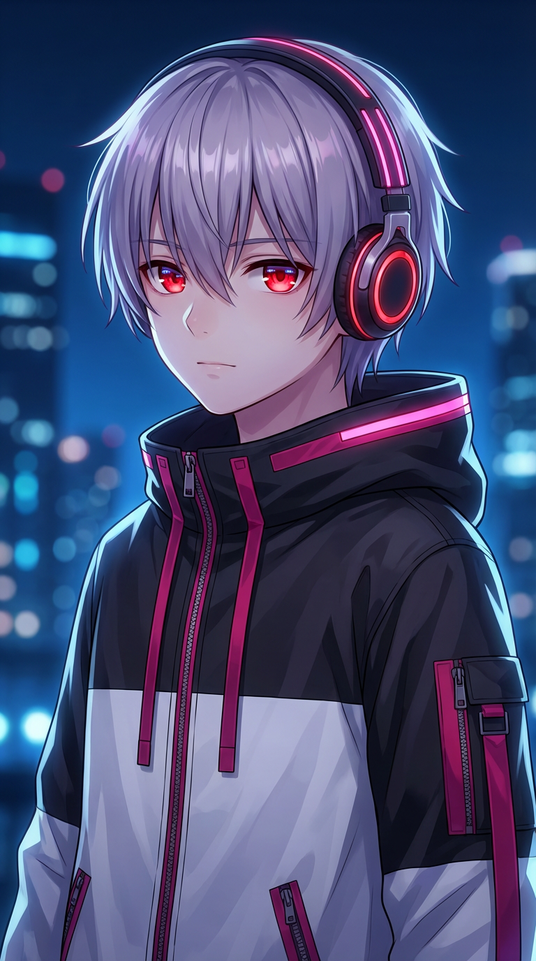 AI generated image using NANO_BANANA_PRO: Subject: A boy with silver-purple wispy hair covering his eyebrows, his crimson ...