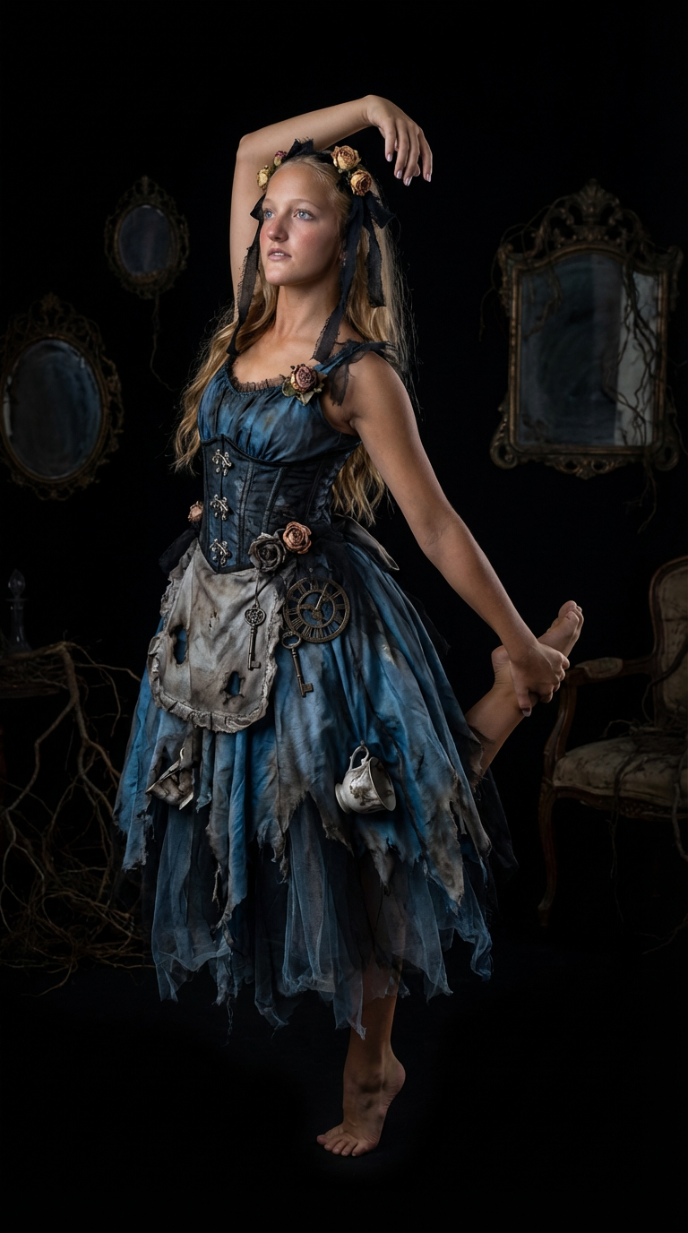 AI generated image using NANO_BANANA_PRO: Transform this image into the same dancer but wearing an Alice in Wonderland pro...