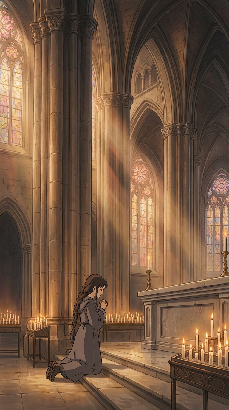 AI generated image using NANO_BANANA_PRO: Anime girl praying in giant gothic cathedral. The golden light of dawn/dusk, but...