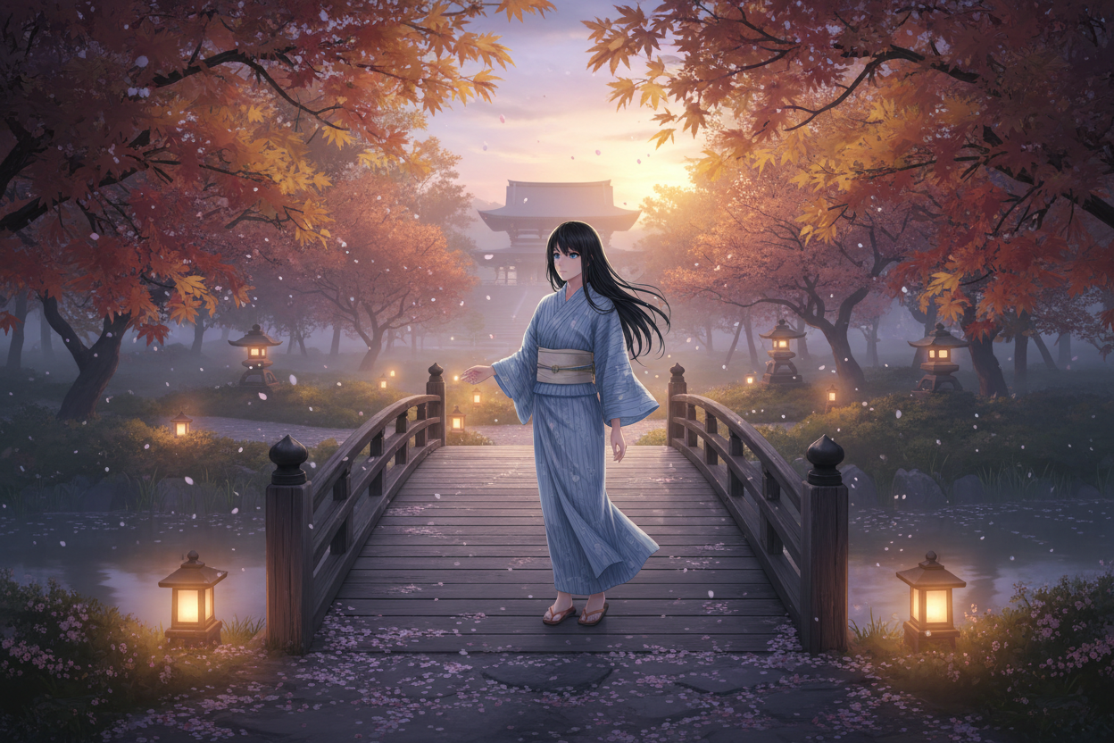 AI generated image using NANO_BANANA: Standing alone on the ancient wooden bridge of a Kyoto garden at dusk, a young w...