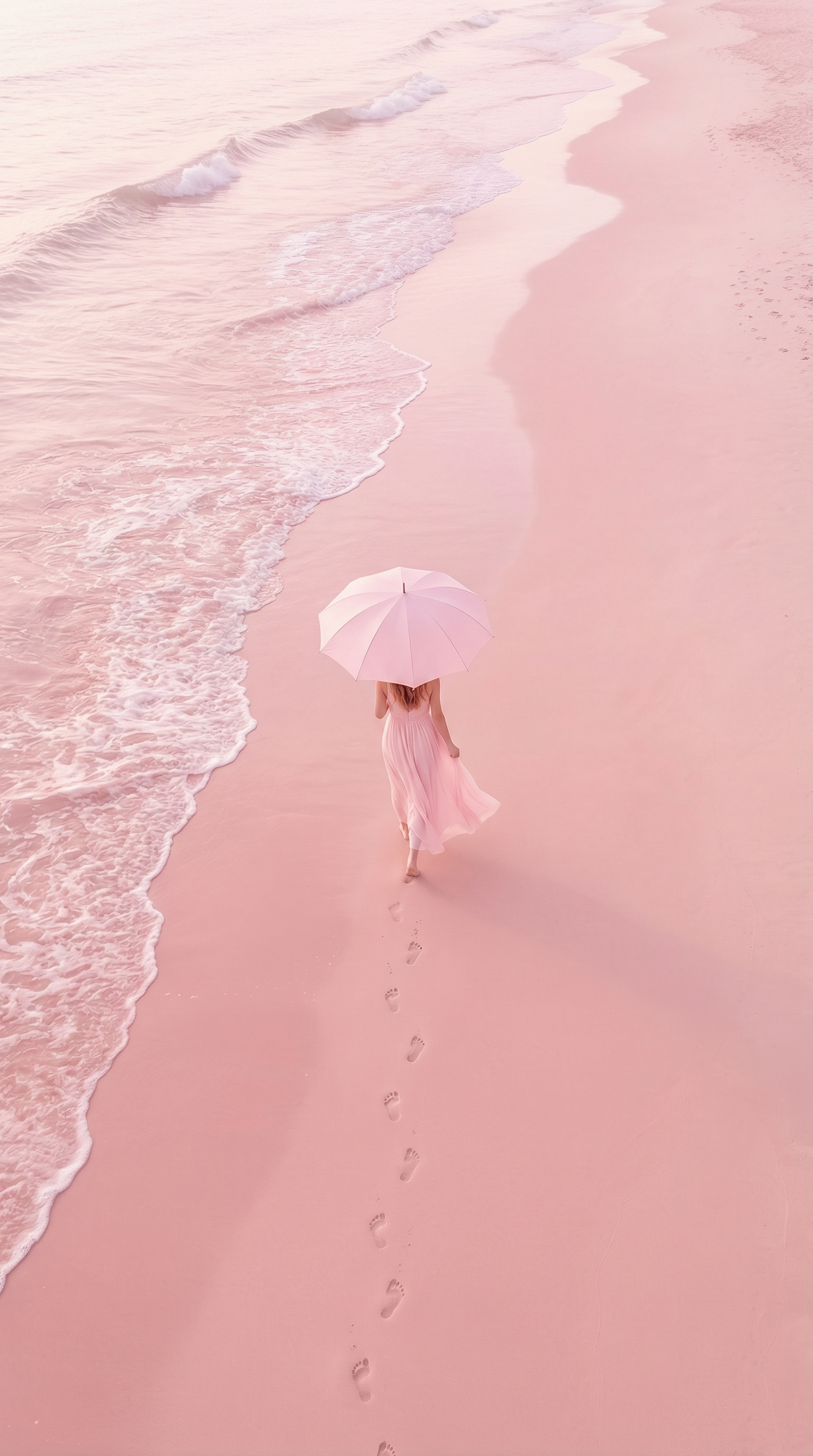 AI generated image using NANO_BANANA_PRO: A dreamy pastel pink beach scene viewed from above, a young woman walking barefo...