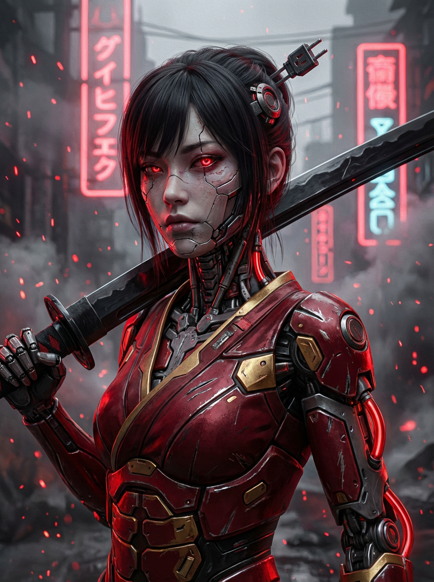 AI generated image using NANO_BANANA_PRO: Subject: Cyber geisha girl, black hair and red eyes with a cold, aloof expressio...