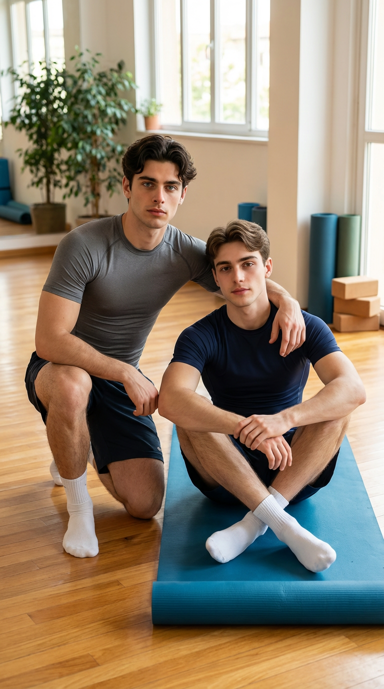 AI generated image using NANO_BANANA_PRO: Change the background to a yoga studio. There are two people in the picture: one...