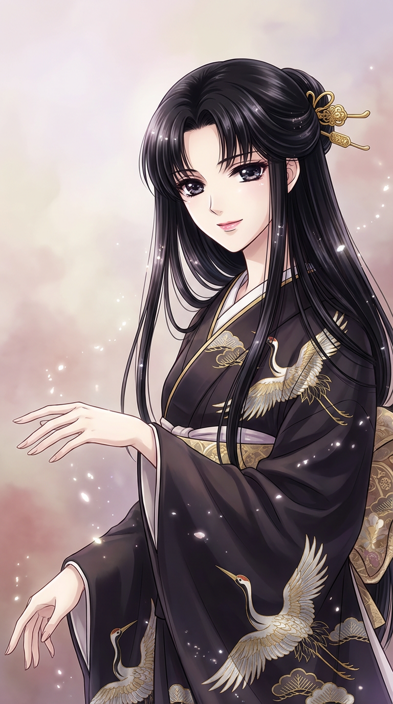 AI generated image using NANO_BANANA_PRO: Elegant anime woman in flowing black kimono, ethereal supernatural beauty aesthe...