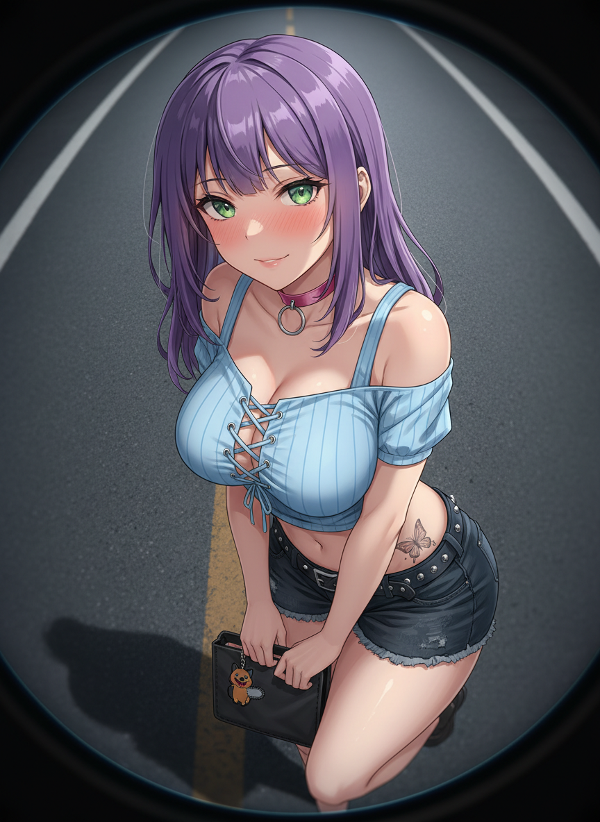 AI generated image using NANO_BANANA: Subject: A girl with purple hair and green eyes, her face slightly flushed with ...