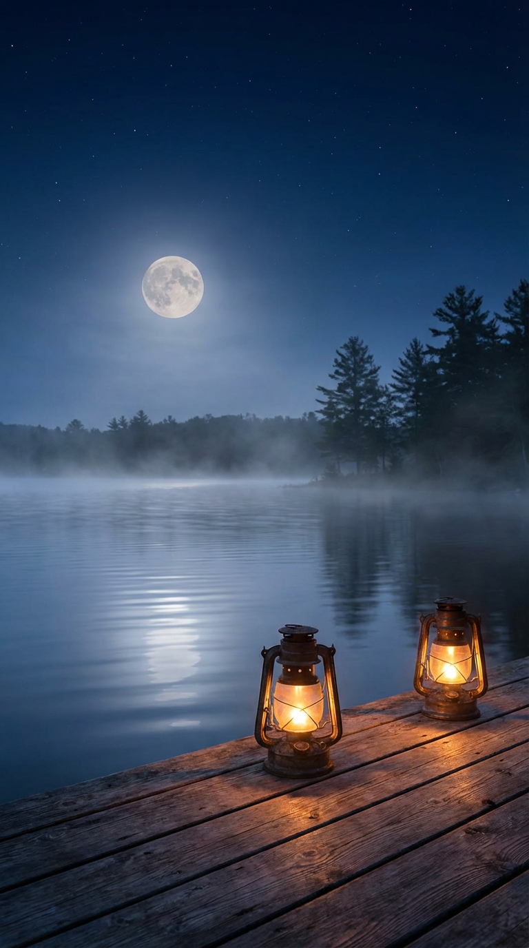 AI generated image using NANO_BANANA_PRO: A calm nighttime lakeside scene under a full moon. Subtle water ripples gently m...