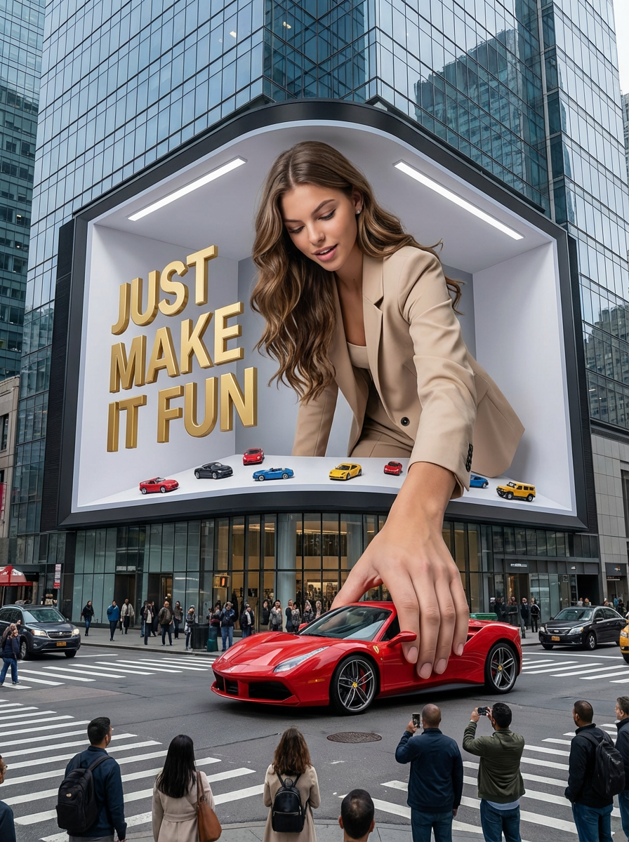 AI generated image using NANO_BANANA_PRO: A giant fashion curve edge 3D anamorphic billboard on the side of a modern build...