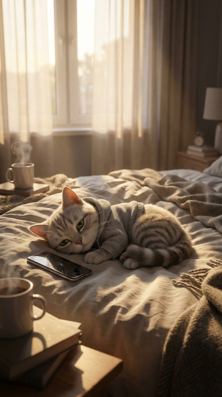 AI generated image using NANO_BANANA_PRO: A realistic 3D cat with light gray fur and big green eyes, wearing a gray hoodie...