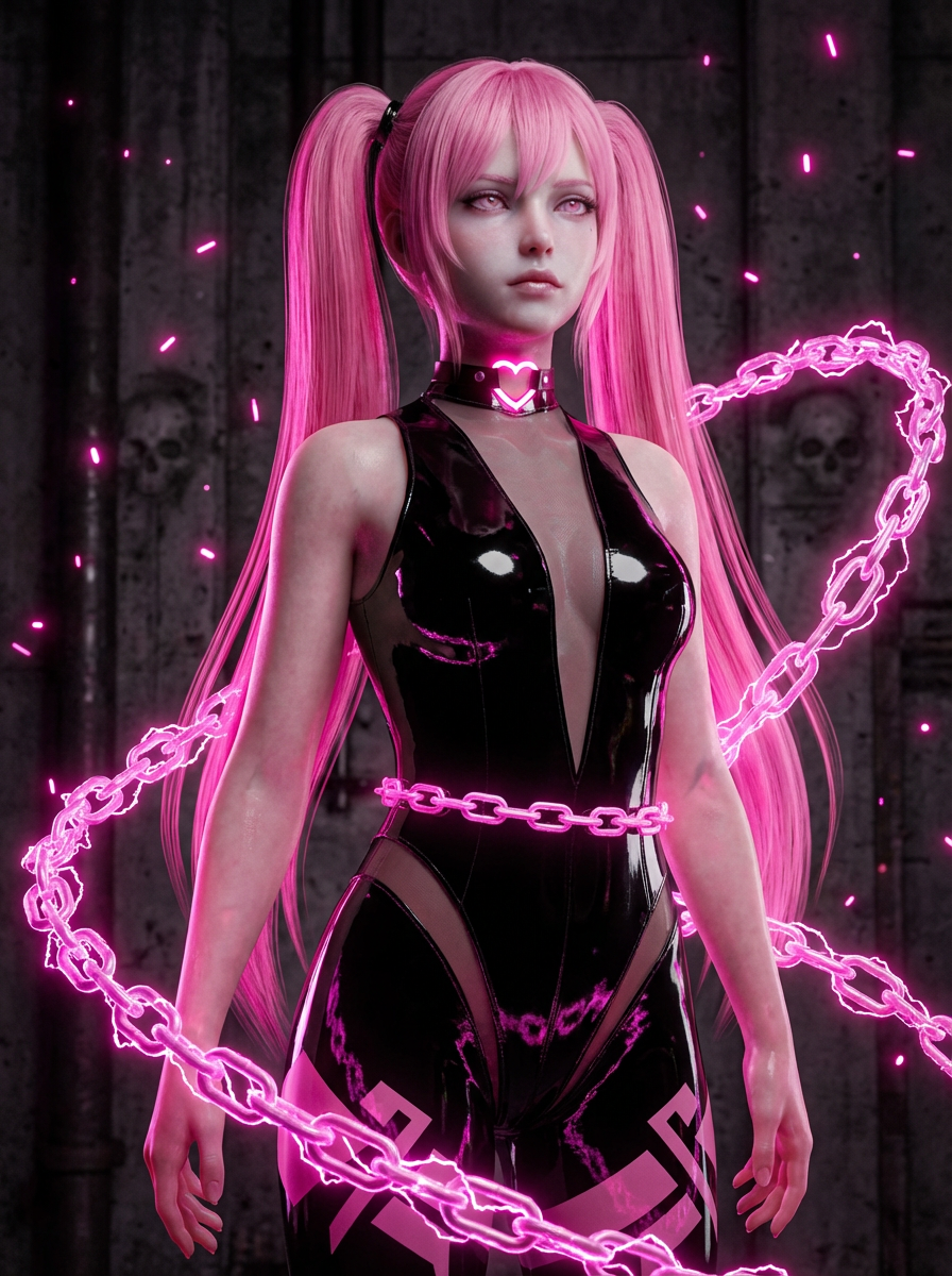 AI generated image using NANO_BANANA_PRO: Subject: A girl with long bright pink hair in twin tails, pale pink pupils, a co...