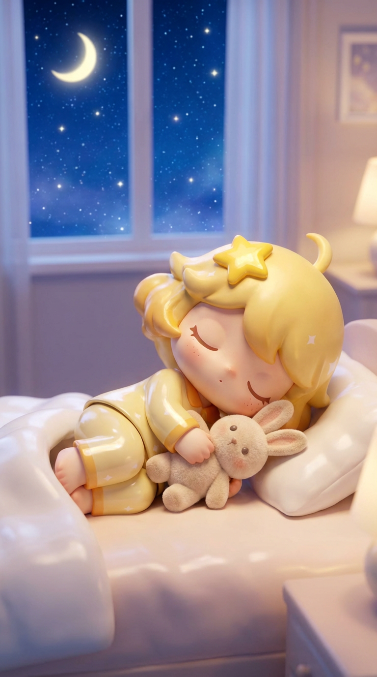 AI generated image using NANO_BANANA_PRO: Pop Mart style, character in a casual sleeping posture, blanket kicked off, hugg...