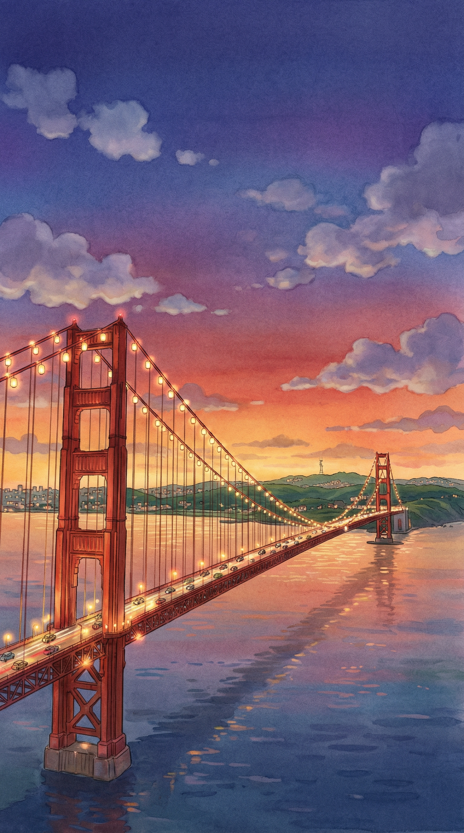 AI generated image using NANO_BANANA_PRO: A Studio Ghibli–inspired illustration of a majestic red suspension bridge stretc...