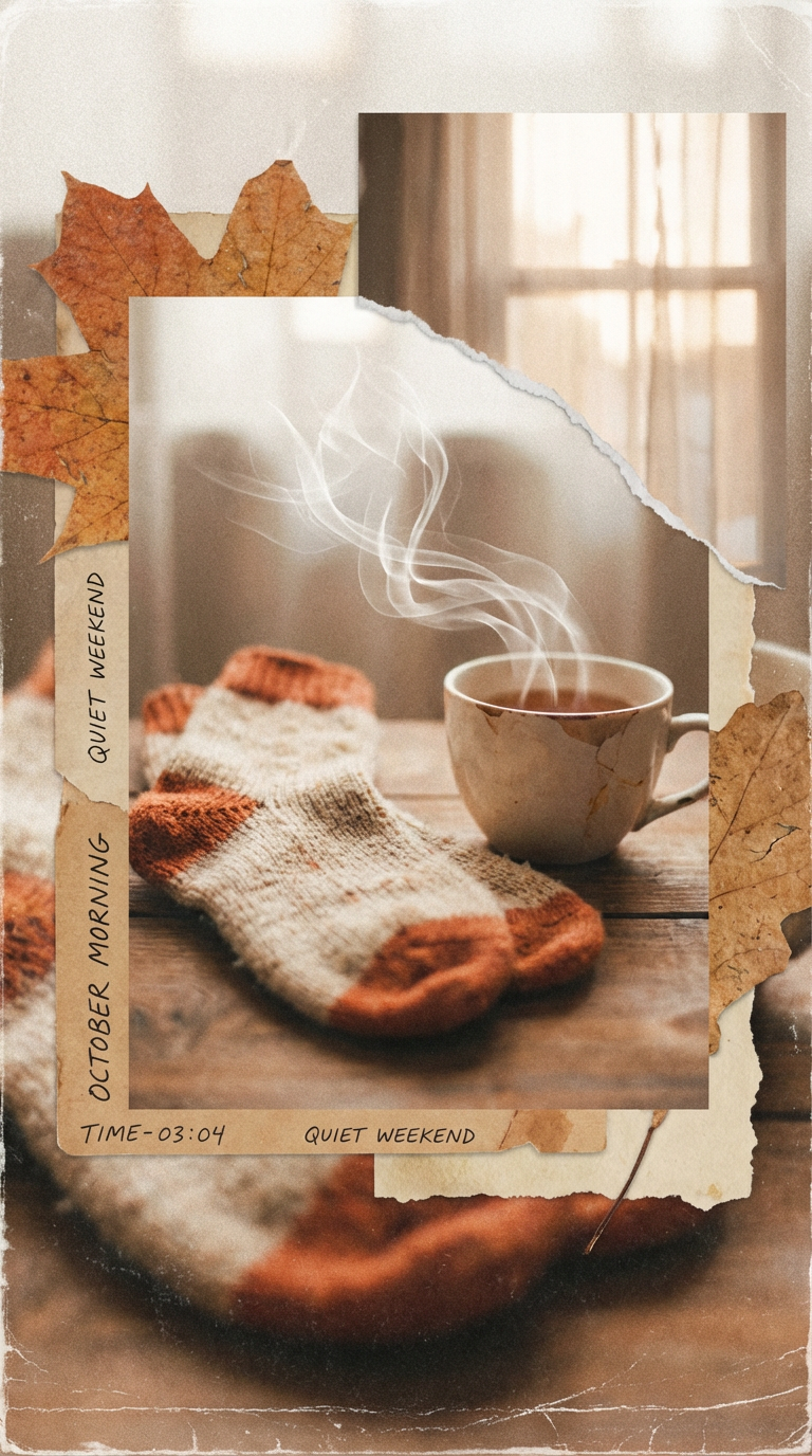 AI generated image using NANO_BANANA_PRO: worn wool socks paired with a chipped teacup, steam drifting in late autumn morn...