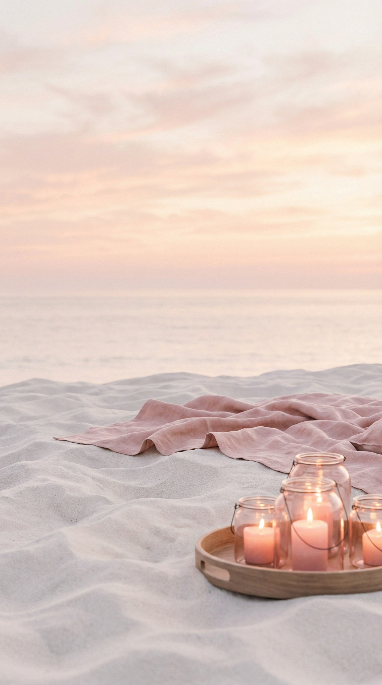 AI generated image using NANO_BANANA_PRO: Minimalist pastel beach scene at sunset, soft white sand dunes with gentle textu...