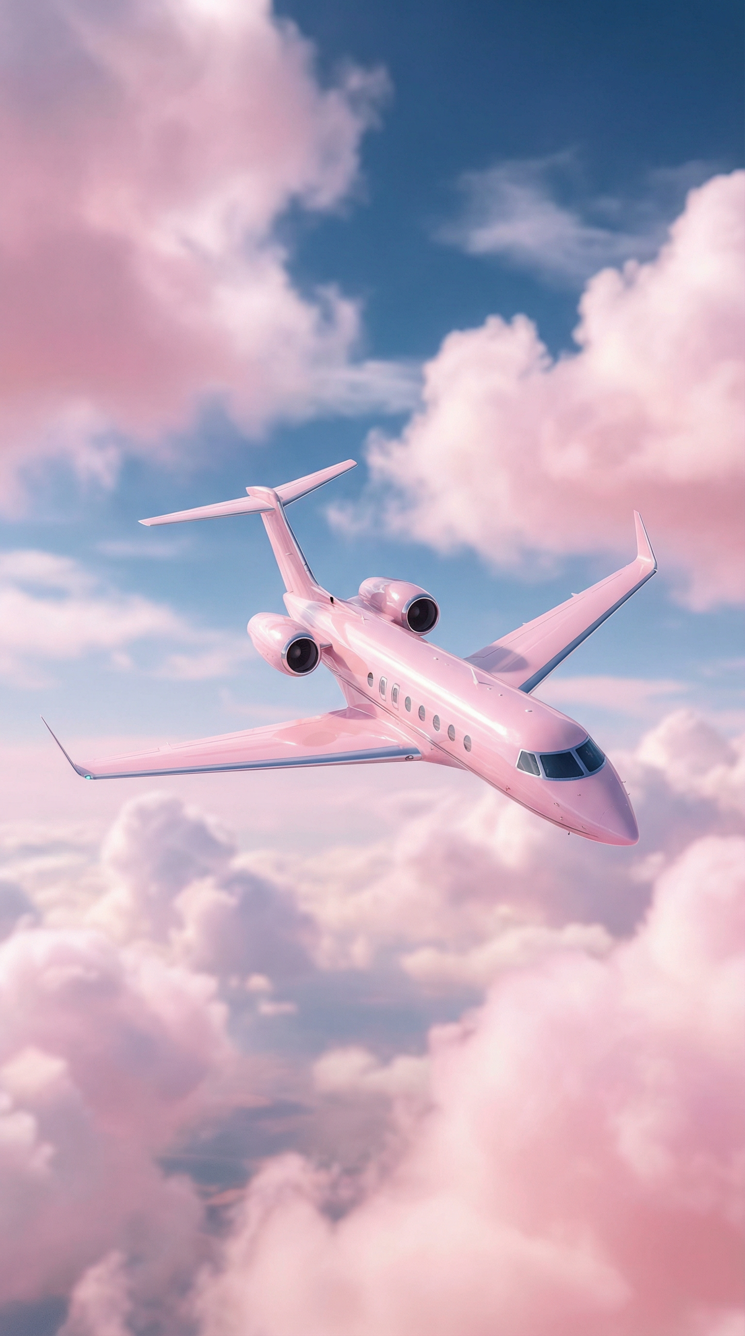 AI generated image using NANO_BANANA_PRO: A sleek private jet painted in glossy pastel pink flying smoothly through fluffy...