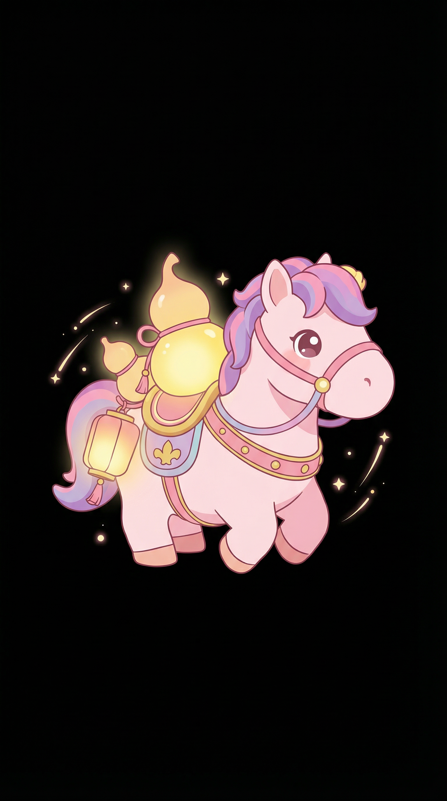 AI generated image using NANO_BANANA_PRO: A horse carrying a gourd or a lantern, cute chibi style, black background, color...