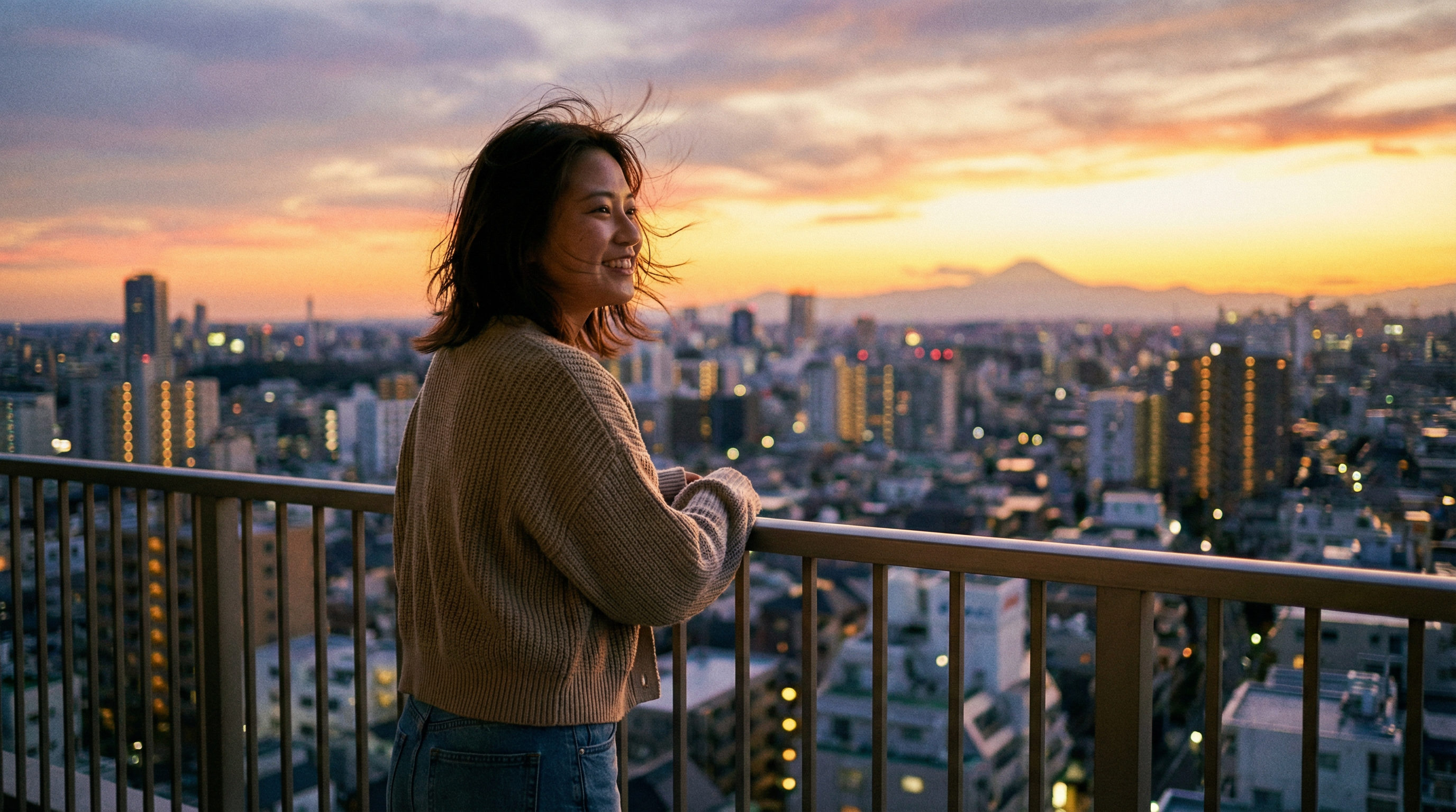 AI generated image using NANO_BANANA_PRO: A beautiful 20-year-old Japanese woman standing on a balcony, with the Tokyo cit...