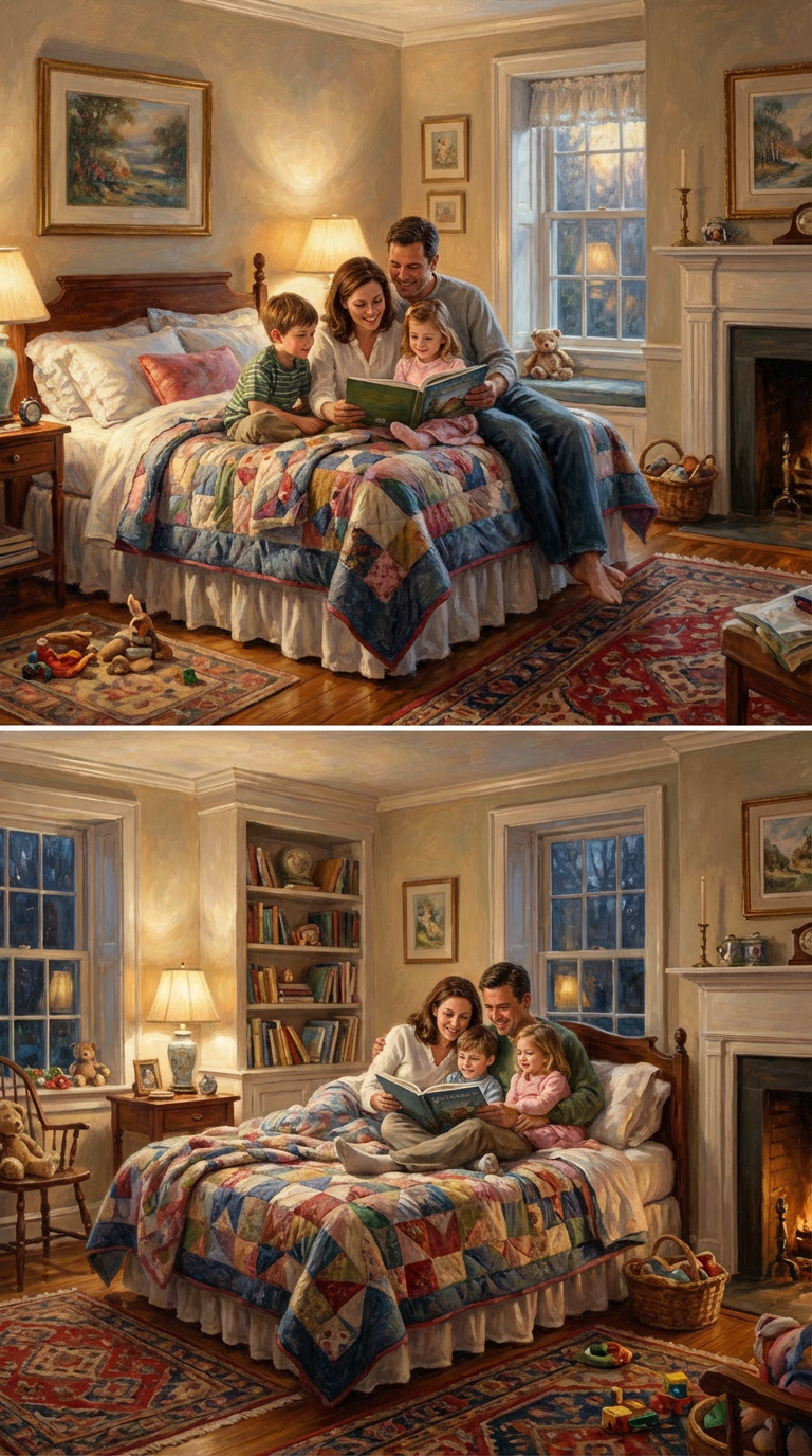 AI generated image using NANO_BANANA_PRO: Parents reading a bedtime story to their children in a cozy bedroom, realistic p...