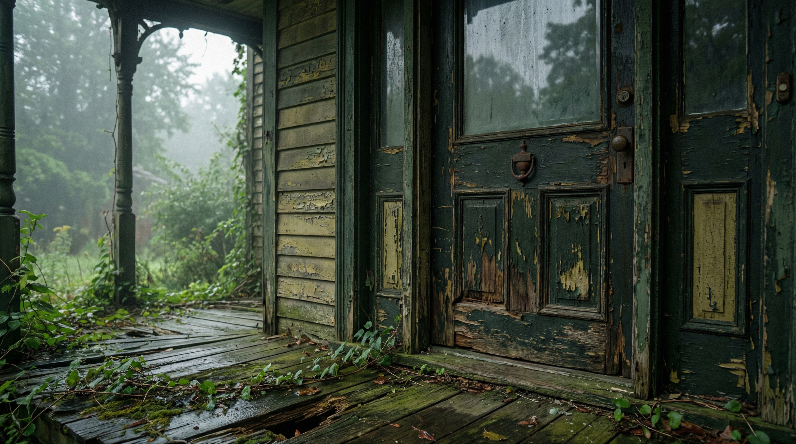 AI generated image using NANO_BANANA_PRO: Create an ultra-realistic cinematic photo of the front door of a decrepit old Vi...