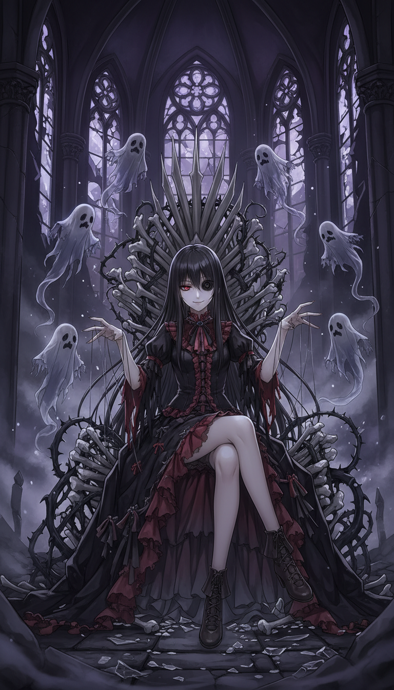 AI generated image using NANO_BANANA: A pale and hauntingly beautiful anime girl with long, straight black hair and mi...