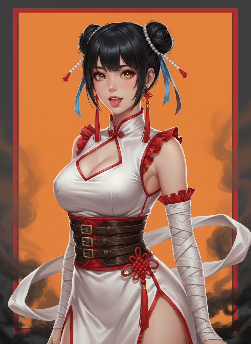 AI generated image using NANO_BANANA: Subject: A black-haired girl with double buns, golden bright eyes, and a playful...