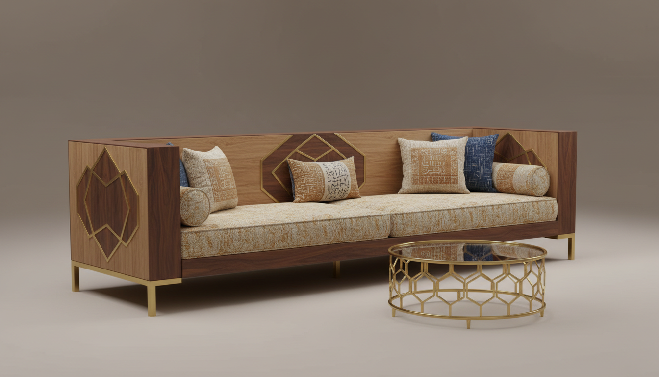AI generated image using NANO_BANANA: Modern Arabic furniture design, Syrian and Middle Eastern inspiration, fusion of...
