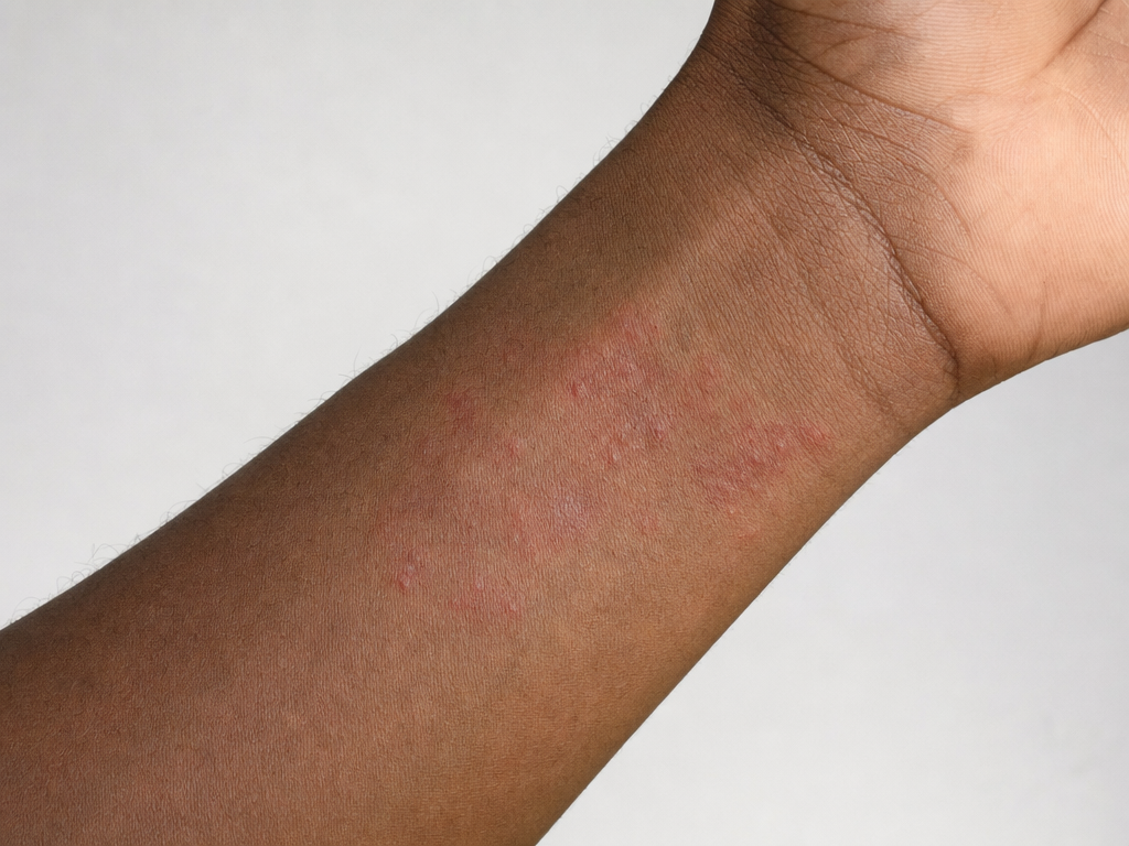 AI-generated adult wrist with a mild patchy irritated rash and small raised spots