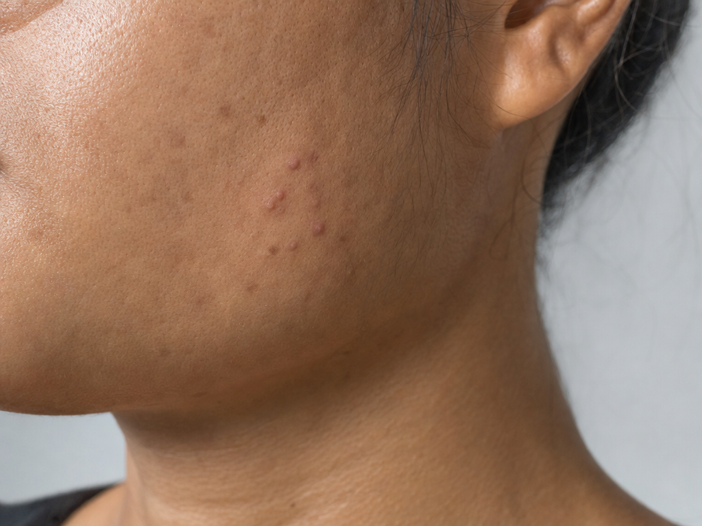 AI-generated adult lower cheek with a small cluster of mild acne-like raised bumps