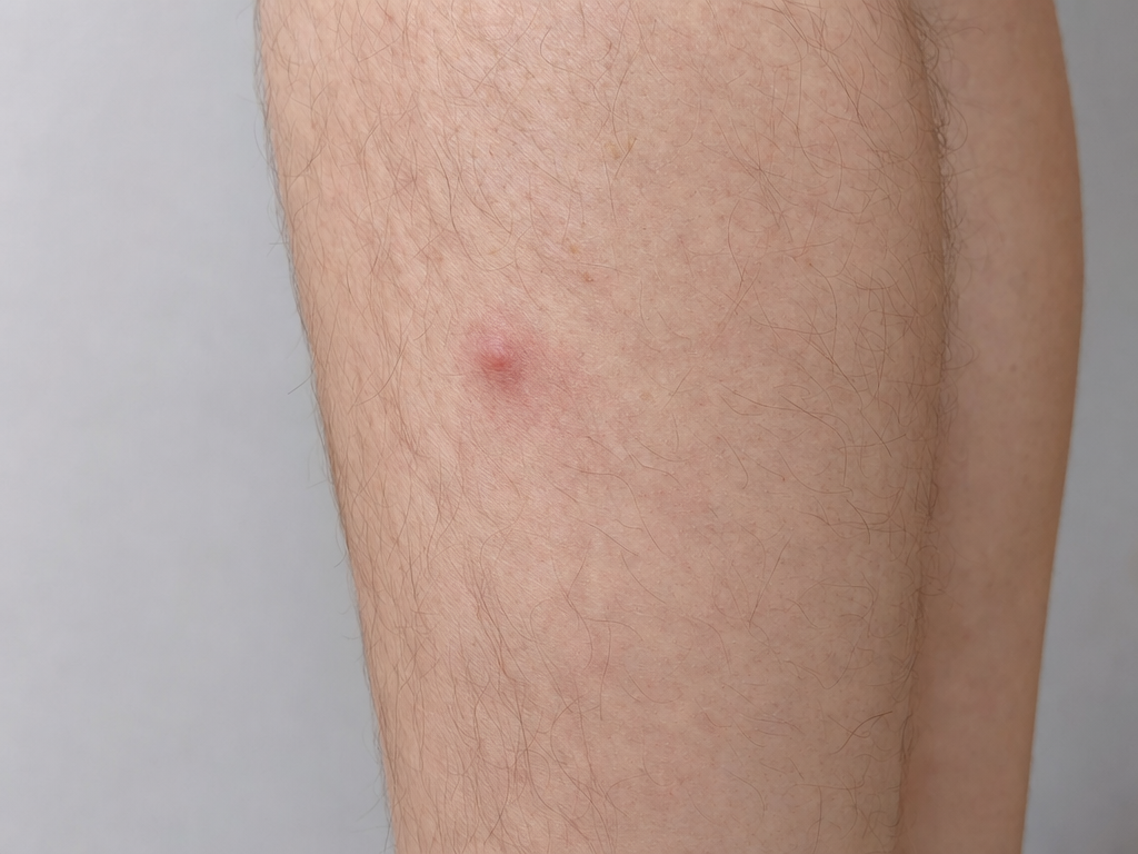 AI-generated adult lower leg with one isolated mild bite-like raised bump