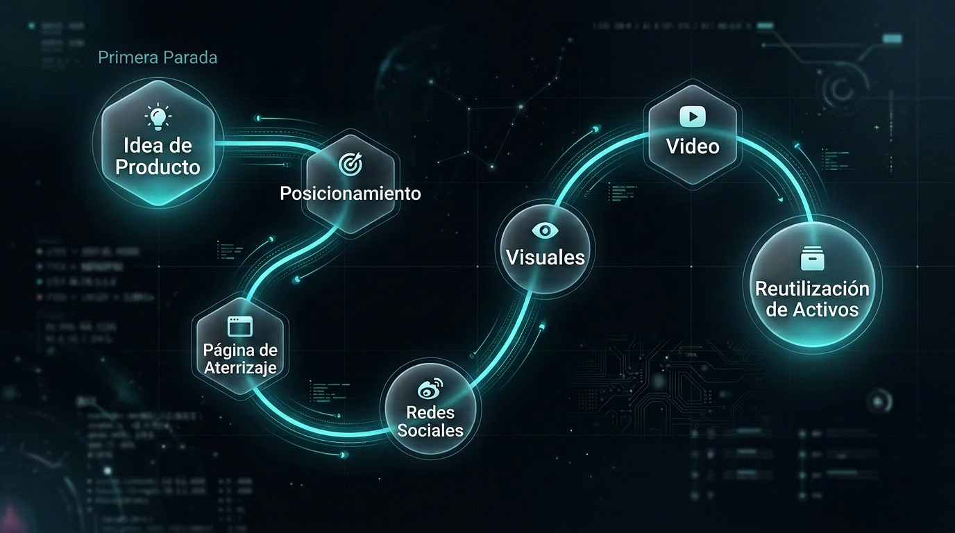 Flujo de lanzamiento desde idea de producto hasta posicionamiento, landing page, visuales, video, redes sociales y reutilización de recursos