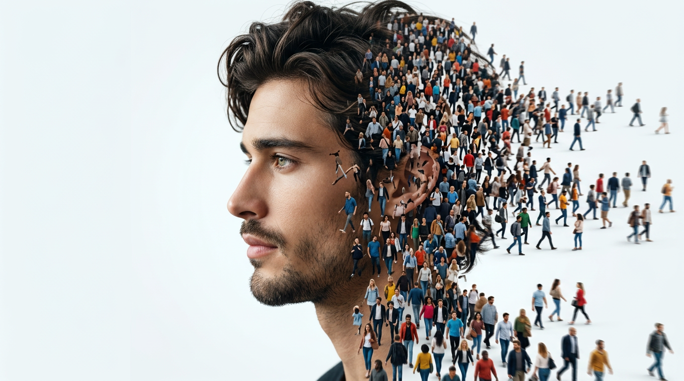 Surreal double exposure crowd dissolve portrait